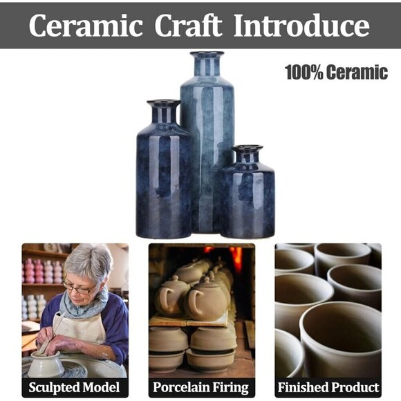 Blue Ceramic Vases Set-3 Blue Small Vase Fireplace Décor and Entrance Decoration - Picture 5 of 8
